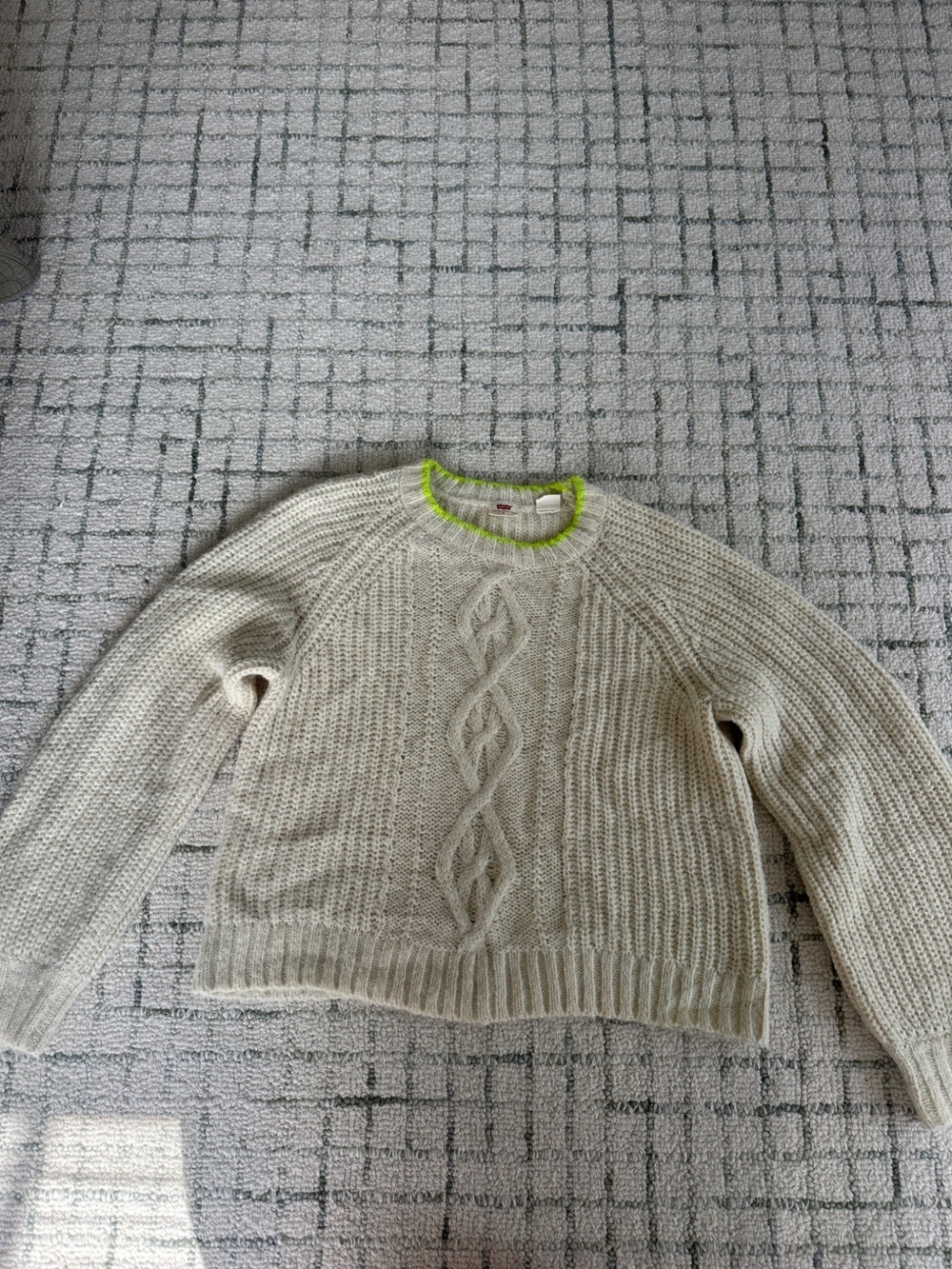 Levi's Cream Cable Knit Sweater with Neon Green Trim - Women’s Small